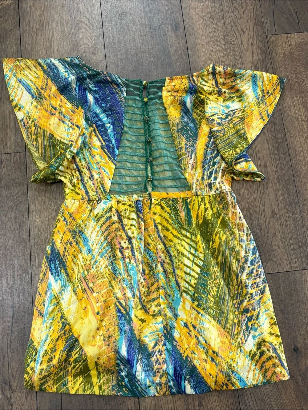 Free People Vibrant Abstract Print Mini Dress, Embellished Neck, Pockets, Size 4